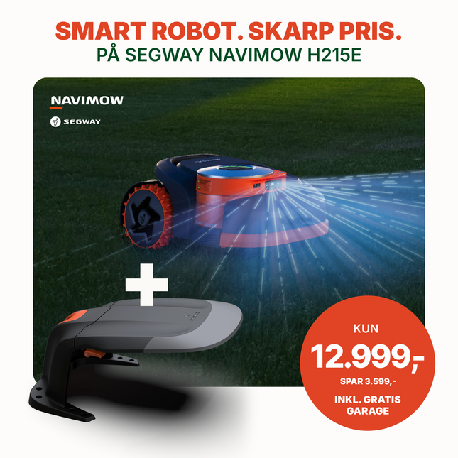 Segway Navimow H215E LiDAR robotplæneklipper - 🔥 KAMPAGNE 10.–23. AUGUST Kun 12.999 kr. inkl. moms + GRATIS garage